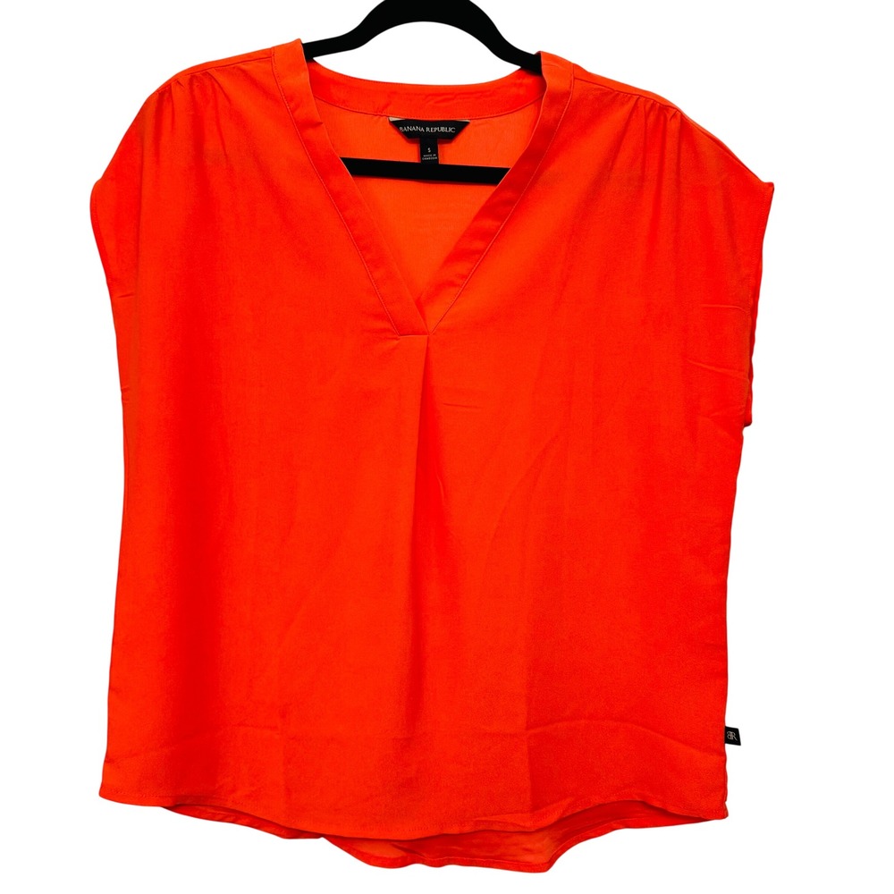 Banana Republic Womens Small V-Neck Cap Sleeve Pleated Blouse Orange